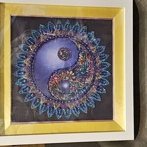 Framed Yin Yang Art with Blue and Gold Accents